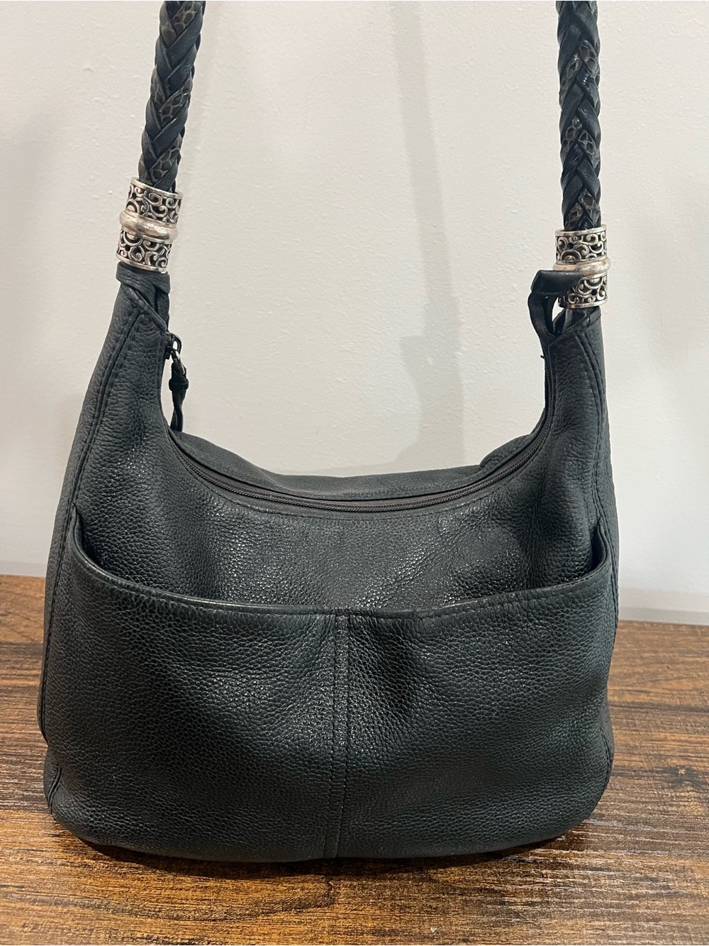 Brighton Barbados Black Pebbled Leather Zip Top Hobo Shoulder Bag Classic